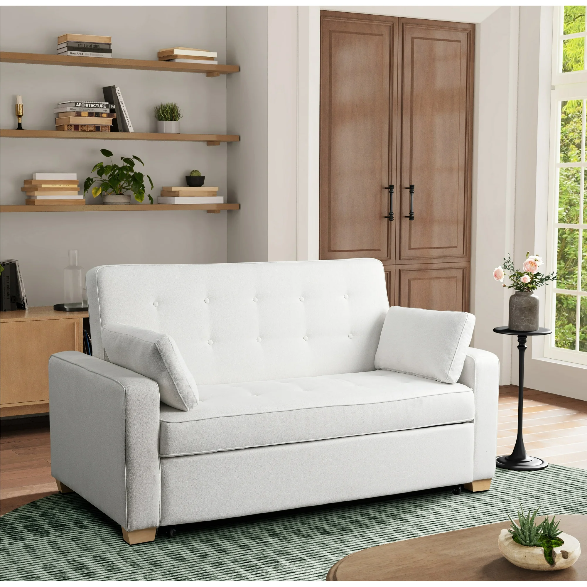 Serta Monroe Modern Convertible Loveseat with Full Size Sleeper, Oyster Woven Fabric