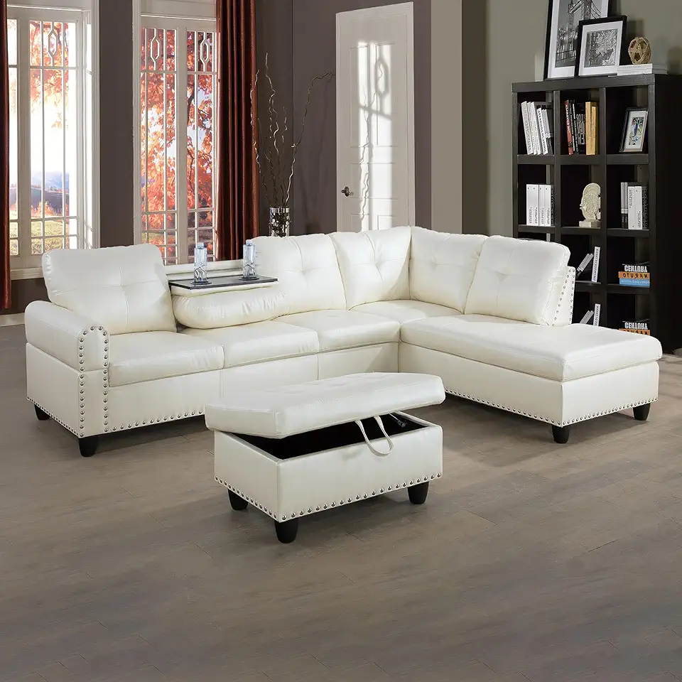 Sectional Living Room Furniture, L-Shape Couch with Ottomans and Chaise Lounge,Faux Synthetic Leather Nailhead Trim w/Cup Holders,3-Piece Sofa Set, White-B