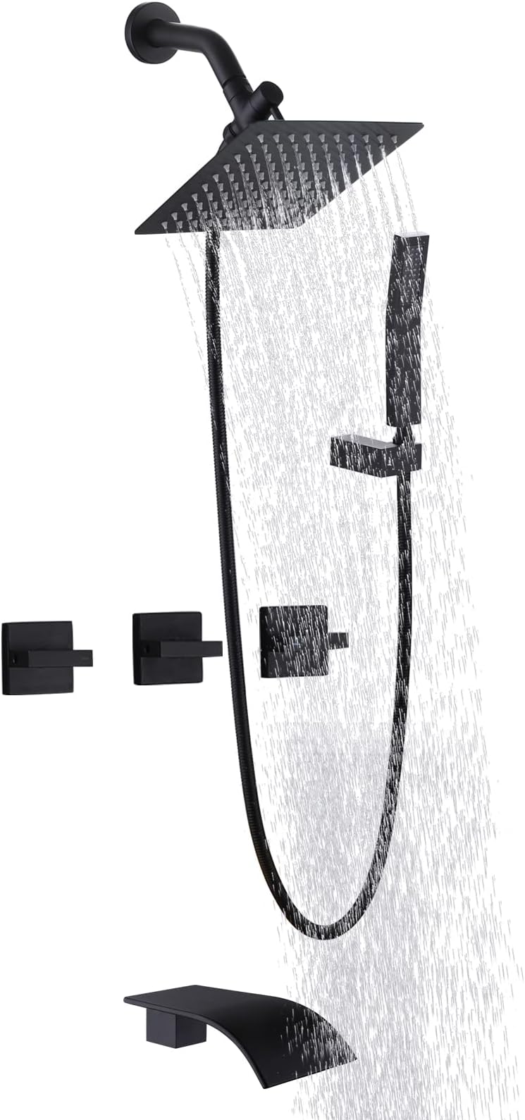 3 Handles Tub Shower Faucet,Bathtub Shower Faucet Set with Tub Spout,Dual 2 in 1 Shower System Complete Tub and Shower Trim Kit,Matte Black