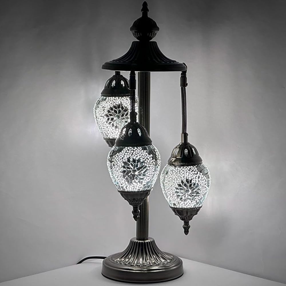 SILVERFEVER Moroccan Lamps Mosaic Turkish Lamp -Three Tier Lanterns Colorful Handmade Glass Floor or Table with E 12 bulbs (White Snoflake Eggshapped)