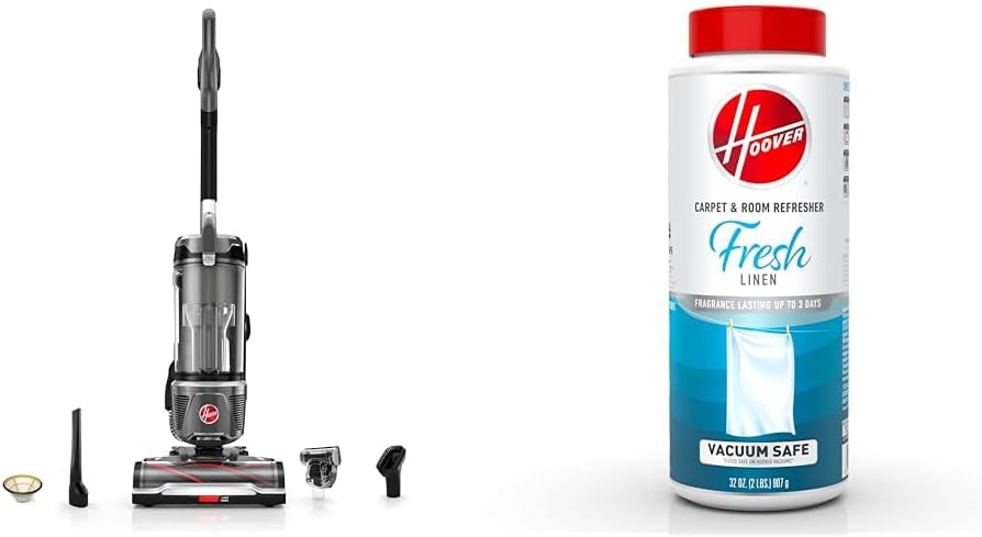 Hoover WindTunnel Tangle Guard Bagless Upright Vacuum Cleaner Machine, for Carpet and Hard Floor, UH77100V + 32 oz Carpet & Room Refresher, Carpet Powder, Fresh Linen Scent, AH31210