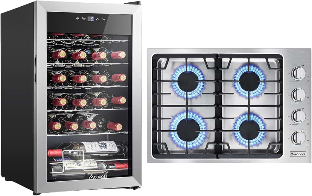 AAOBOSI 30 inch Gas Cooktop, Gas Stove Top with 46,000 BTUs 4 Burners NG/LPG Convertible, Wine Fridge, 24 Bottle Wine Cooler 46-66℉ Beverage Wine Refrigerator, Glass Door Free Standing