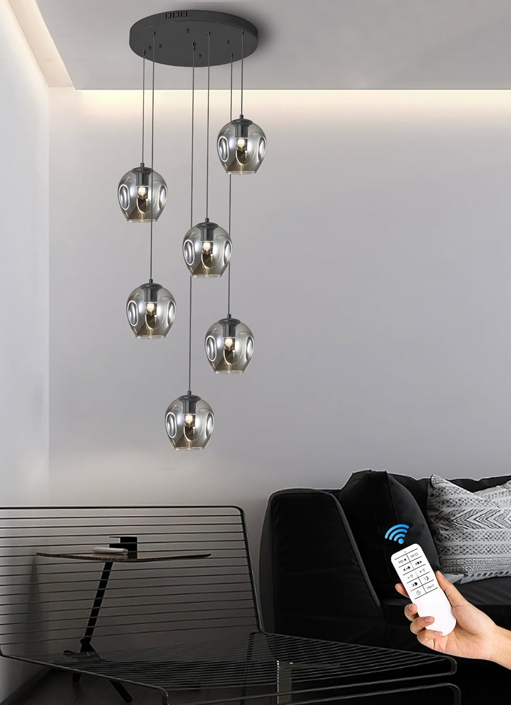 Mid Century Pendant Light 6-Light Smoke Gray Glass Chandelier Adjustable Hanging Pendant Light Fixture for Dining Room Living Room Kitchen(Black+Smoke Gray)