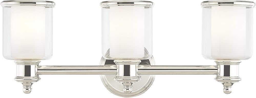 Livex Lighting 40213-35 Middlebush Collection 3-Light Bathroom Vanity Light with Double Shaded Hand Crafted Glass Shades, Polished Nickel, 23.5 x 6.5 x 9