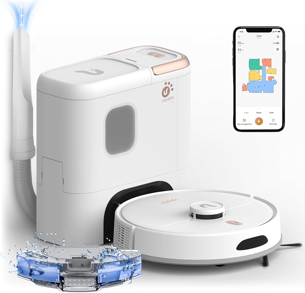 Verefa Self Emptying Robot Vacuum and Mop Combo, 5000Pa Suction, 70-Day Capacity, 260min Runtime, Lidar Navigation, Wi-Fi/App/Alexa Control, Robotic Vacuum Cleaner for Hard Floors, Carpets, Pet Hair