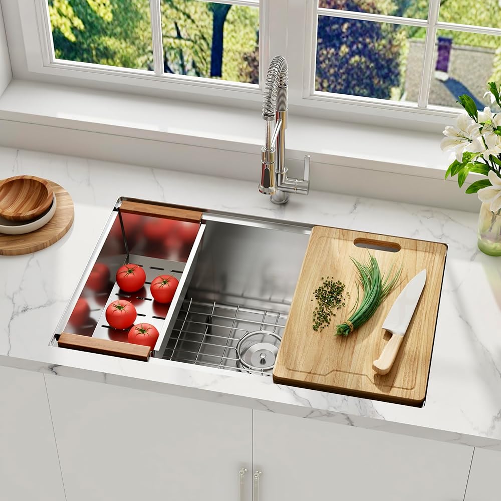 32 Inch Stainless Steel Kitchen Sink - Blenzia 16 Gauge Single Bowl Workstation Kitchen Sinks, Undermount Ledge Handmade Rectangular Sink With Accessories, 32” x 18” x 10”