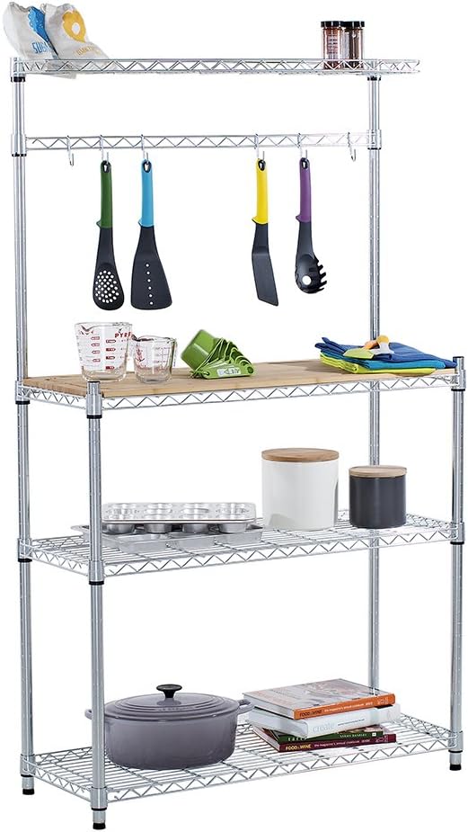 EcoStorage Bakers Rack and Pantry Organizer with 3 Shelves, Removable Bamboo Work Surface, and Hooks for Kitchen Organization and Food Preparation, Chrome, 36” W x 14” D x 60” H