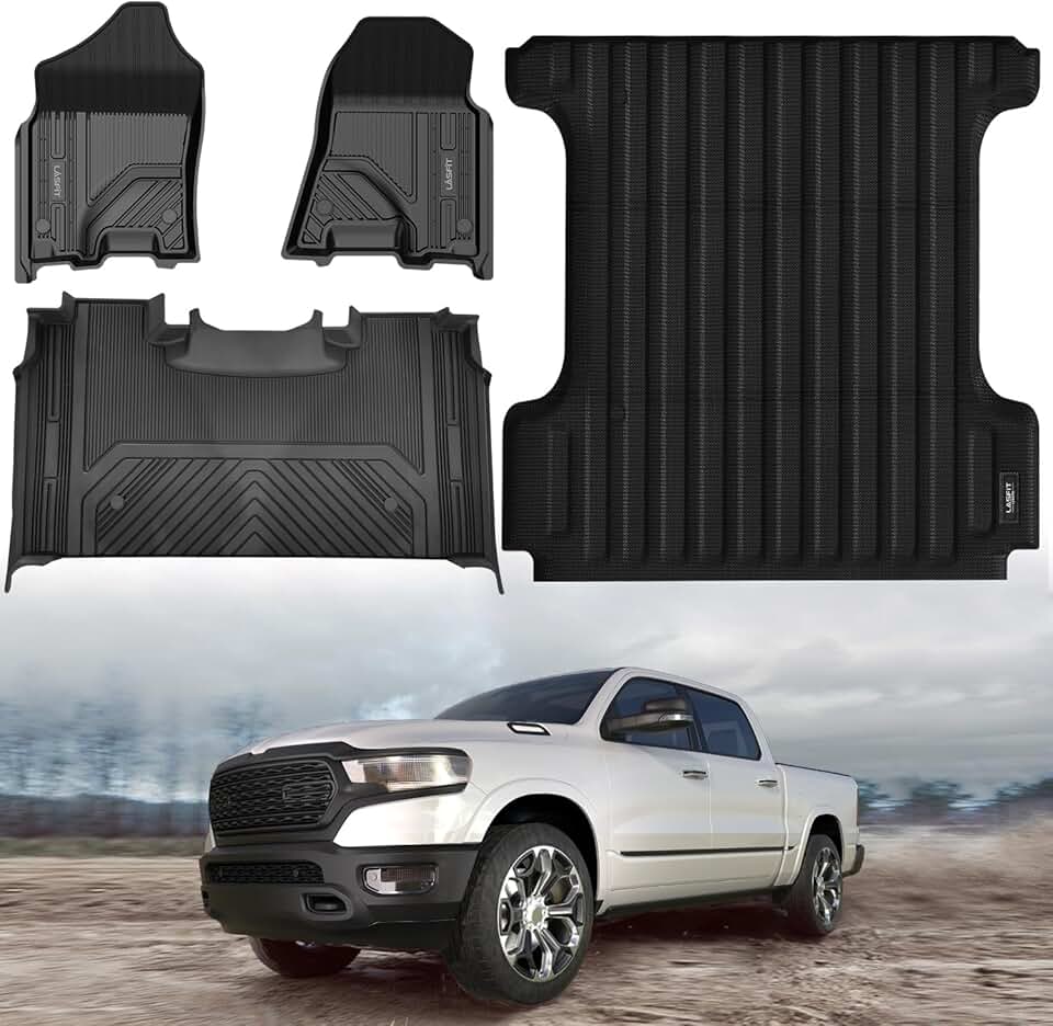 LASFIT Floor Mats & Truck Bed Mat for Ram 1500 with Folded Rear Storage, All Weather Heavy Duty Custom Fit Car Floor Liners Bed Liner, Black