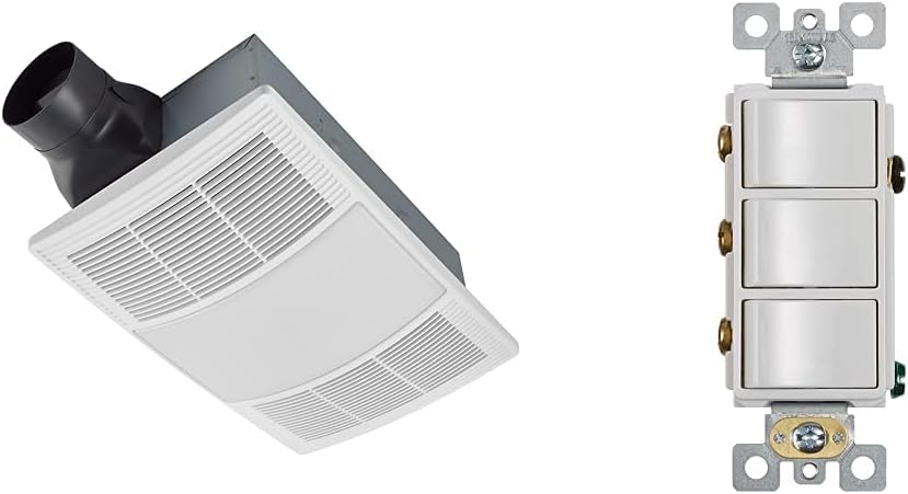 Broan-NuTone BHFLED110 PowerHeat Bathroom Exhaust Fan, Heater, and LED Light Combination, 110 CFM & P3RW Three-Rocker Switch for Bathroom Exhaust Fan, White Wall Control Knob