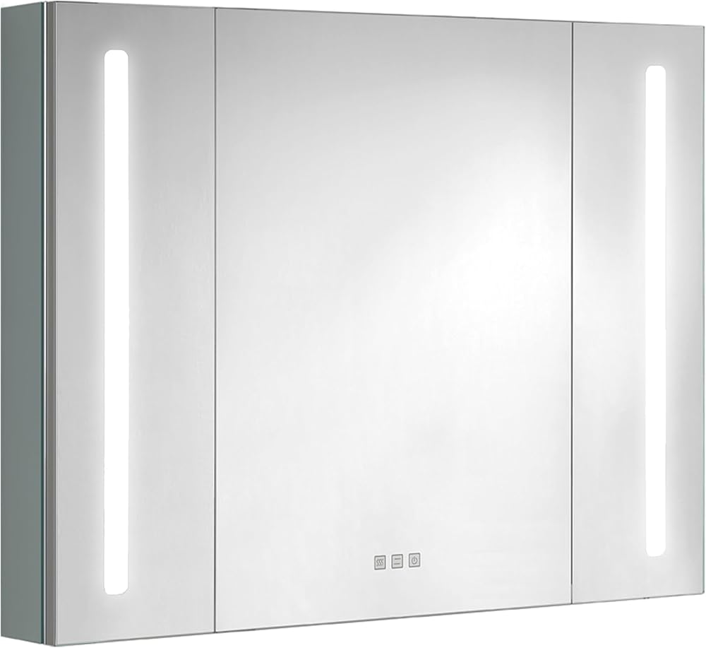 Medicine Cabinet Mirror, 36 × 31.5 Inch Lighted Medicine Cabinets with Storage for Bathroom 3 Doors Wall Mounted Defogger 3-Color Lights Dimmer LED Waterproof Tempered Glass