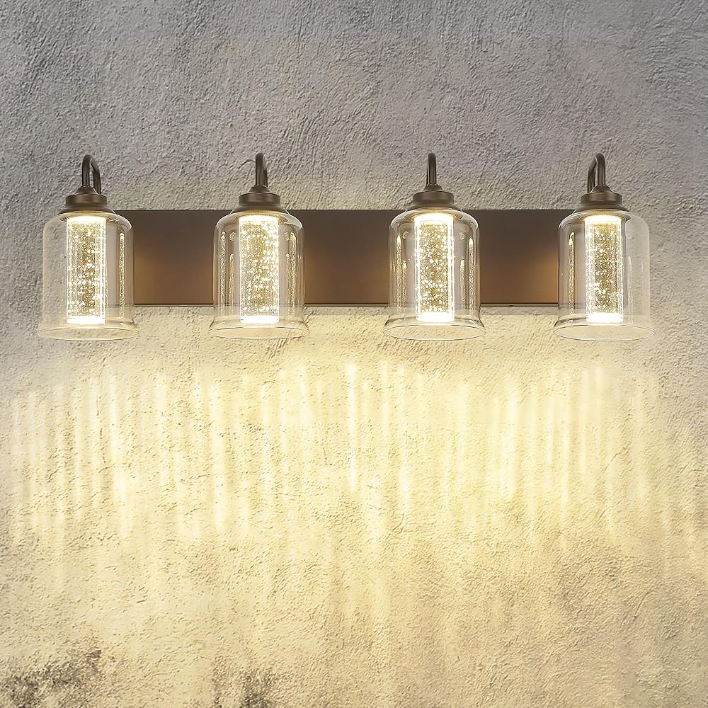 zeyu 20W LED Vanity Light for Bathroom, 4-Light Farmhouse Vanity Lighting Over Mirror with Clear Glass, Dimmable Cool White/Neutral/Warm White, Oil Rubbed Bronze Finish, ZSL72B-4W LED ORB