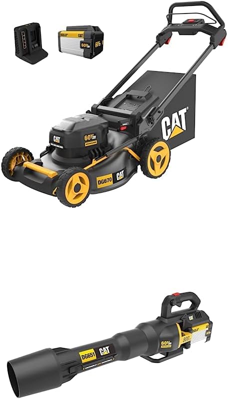 Cat 60V 21” Cordless Lawn Mower 3-in-1 Cutting Modes, Brushless TorqLogic + Brushless Leaf Blower 800 CFM 170 MPH High-Powered Variable Air Control DG670 DG651.9– Battery & Charger Included