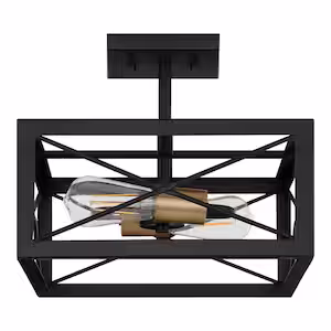 Home Decorators Collection Harwood 12.5 in. 2-Light Matte Black and Old Satin Brass Semi-Flush Mount Ceiling Light with Cage Shade