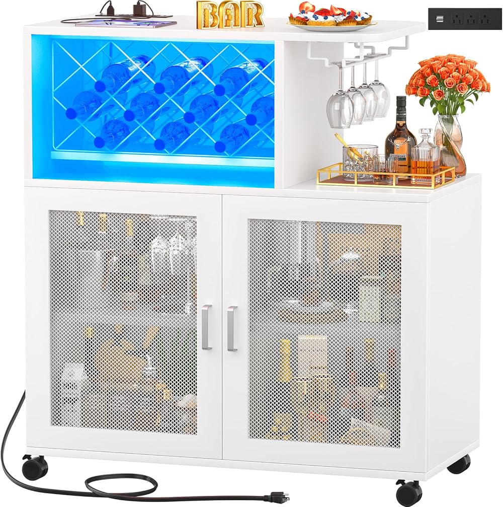 Wine Bar Cabinet with Wheels, Small Liquor Cabinet with LED Light, Home Bar Cart with Power Outlets, Coffee Bar with Wine Rack, Glasses Storage for Kitchen, Dining Room, Living Room, White