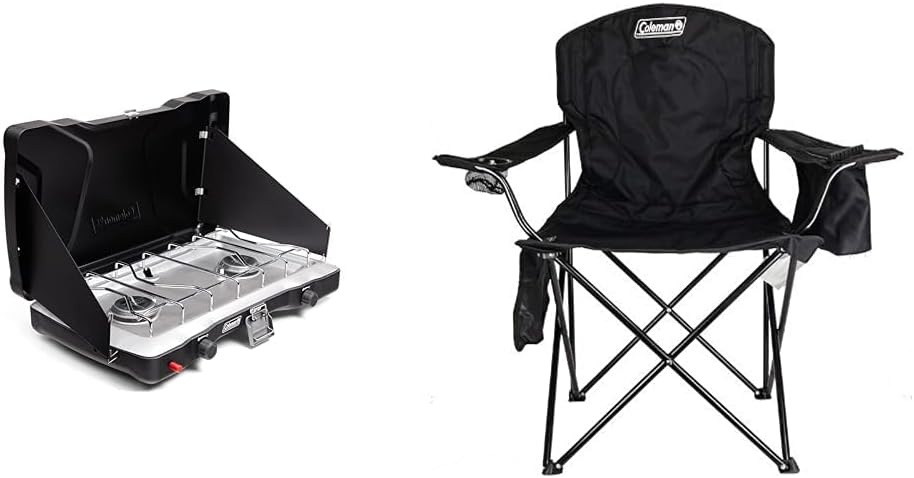 Coleman Triton+ 2 Burner Propane Camp Stove and Camp Chair with Built-in 4-Can Cooler, Black