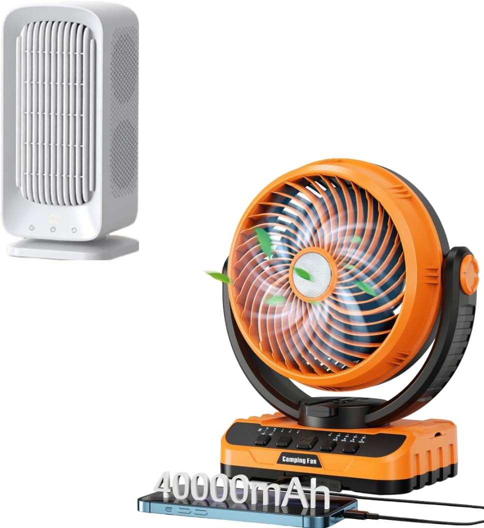 Ultimate Battery Operated Fan Bundle: 40000mAh Rechargeable Fan with LED Lantern and 8000mAh Desk Tower Fan