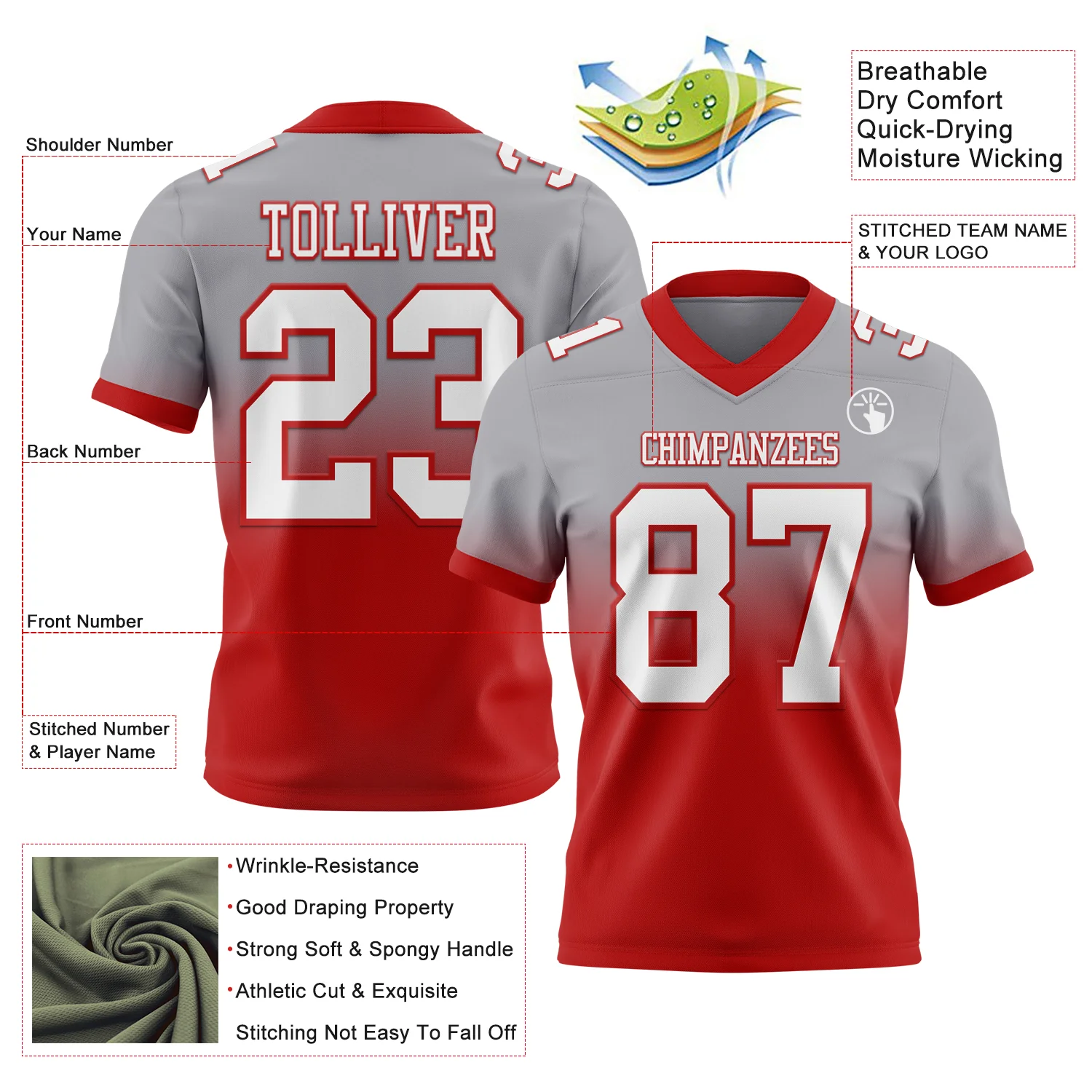 Custom Gray White-Red Authentic Fade Fashion Football Jersey
