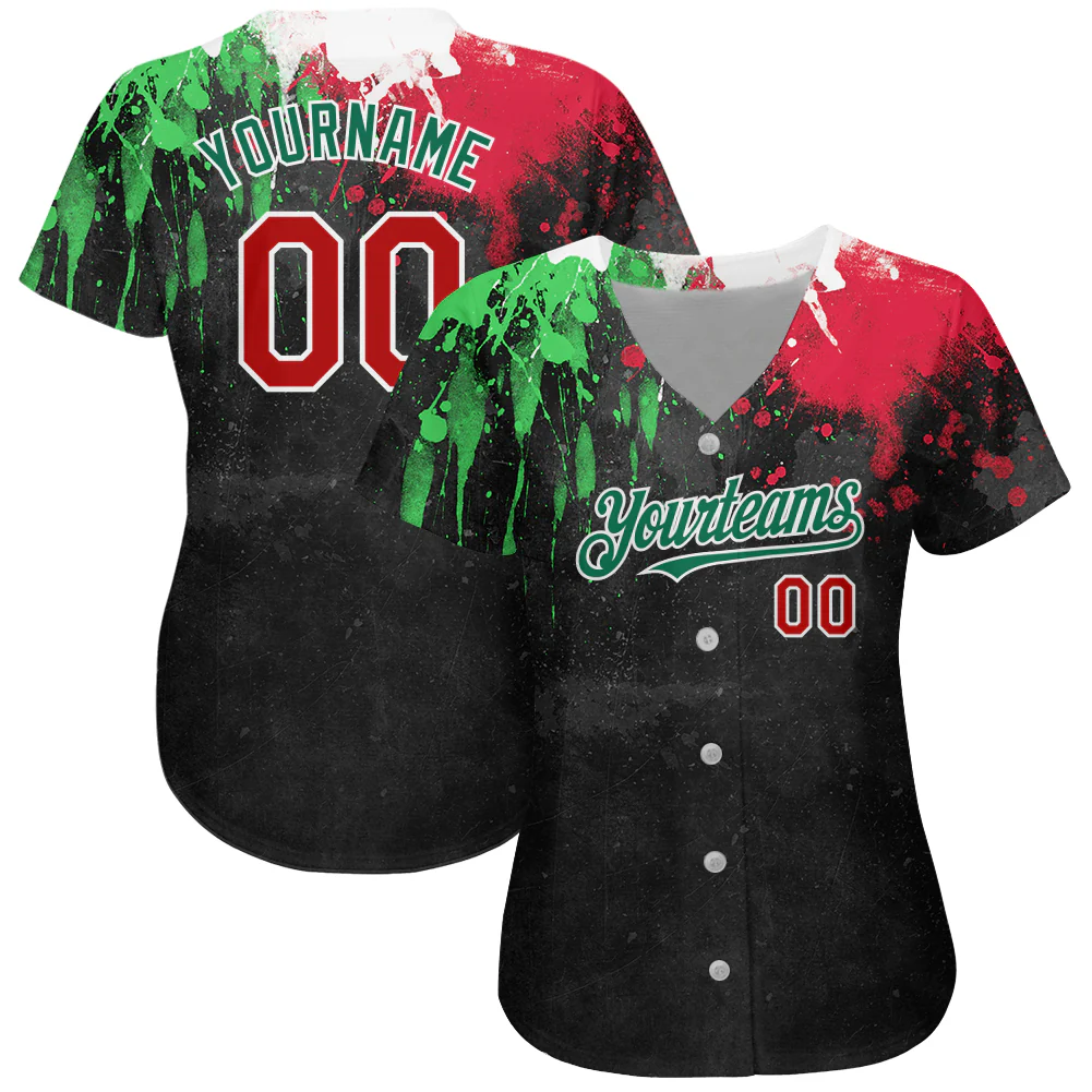 Custom Black Red Kelly Green 3D Mexican Flag Watercolored Splashes Grunge Design Authentic Baseball Jersey