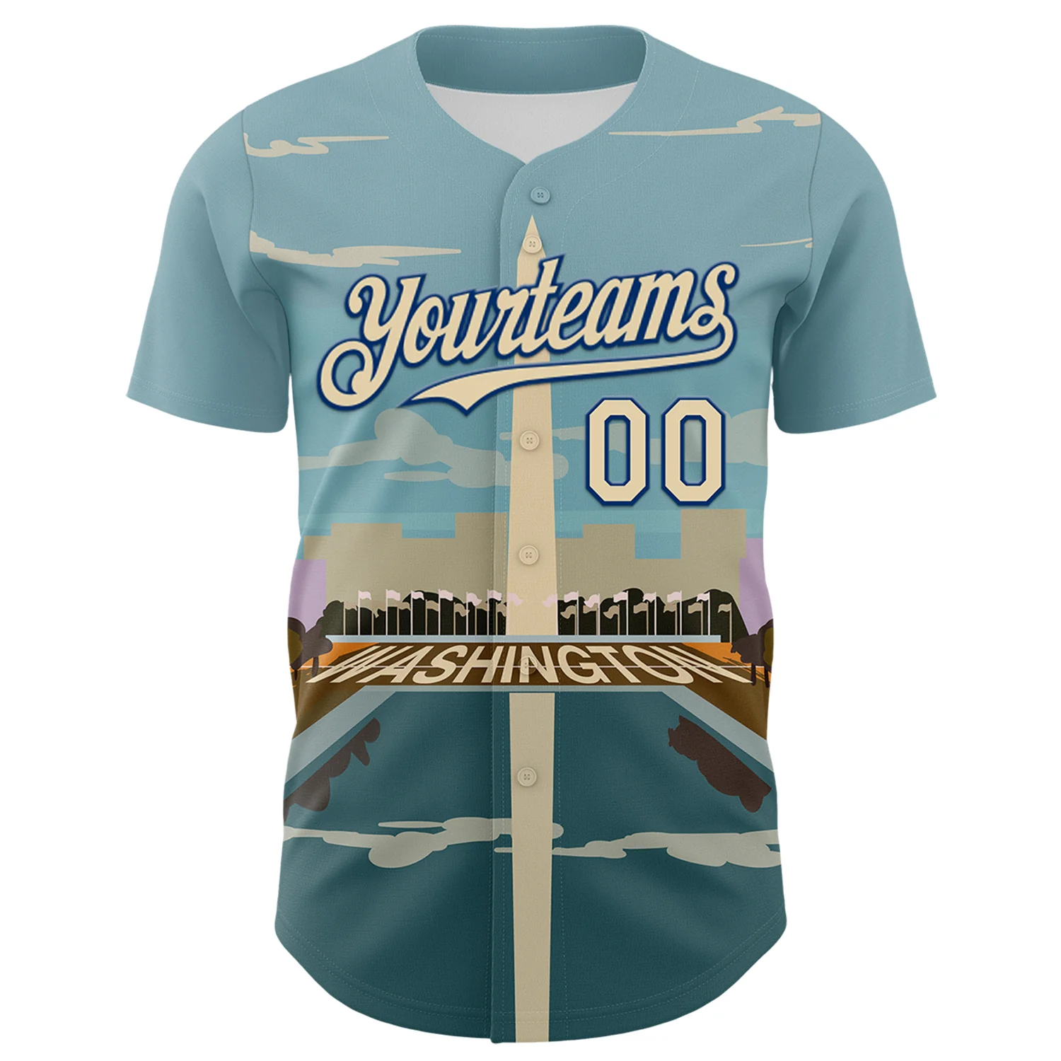 Custom Blue Cream-Royal 3D Pattern Design Washington Cityscape Skyline Authentic Baseball Jersey