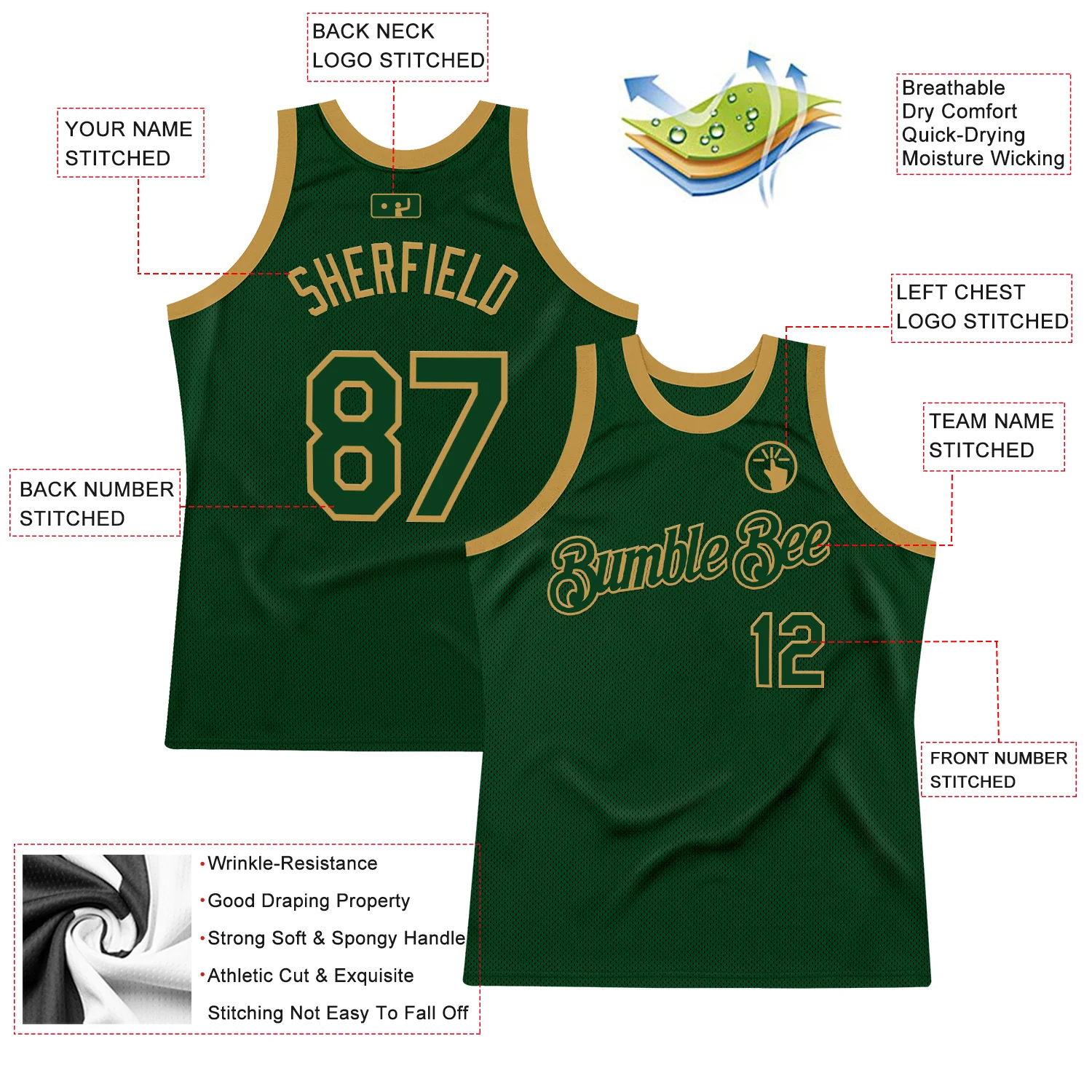 Custom Green Old Gold Authentic Throwback Basketball Jersey