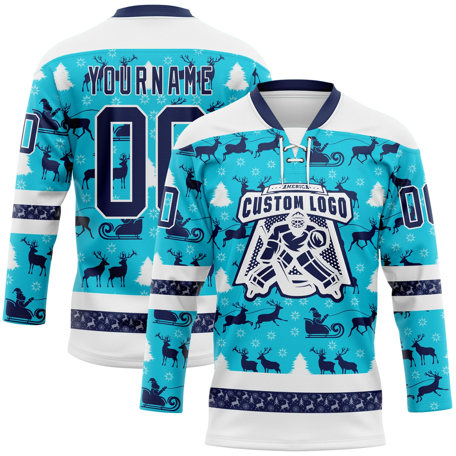 Custom Lakes Blue Navy-White 3D Christmas Hockey Lace Neck Jersey