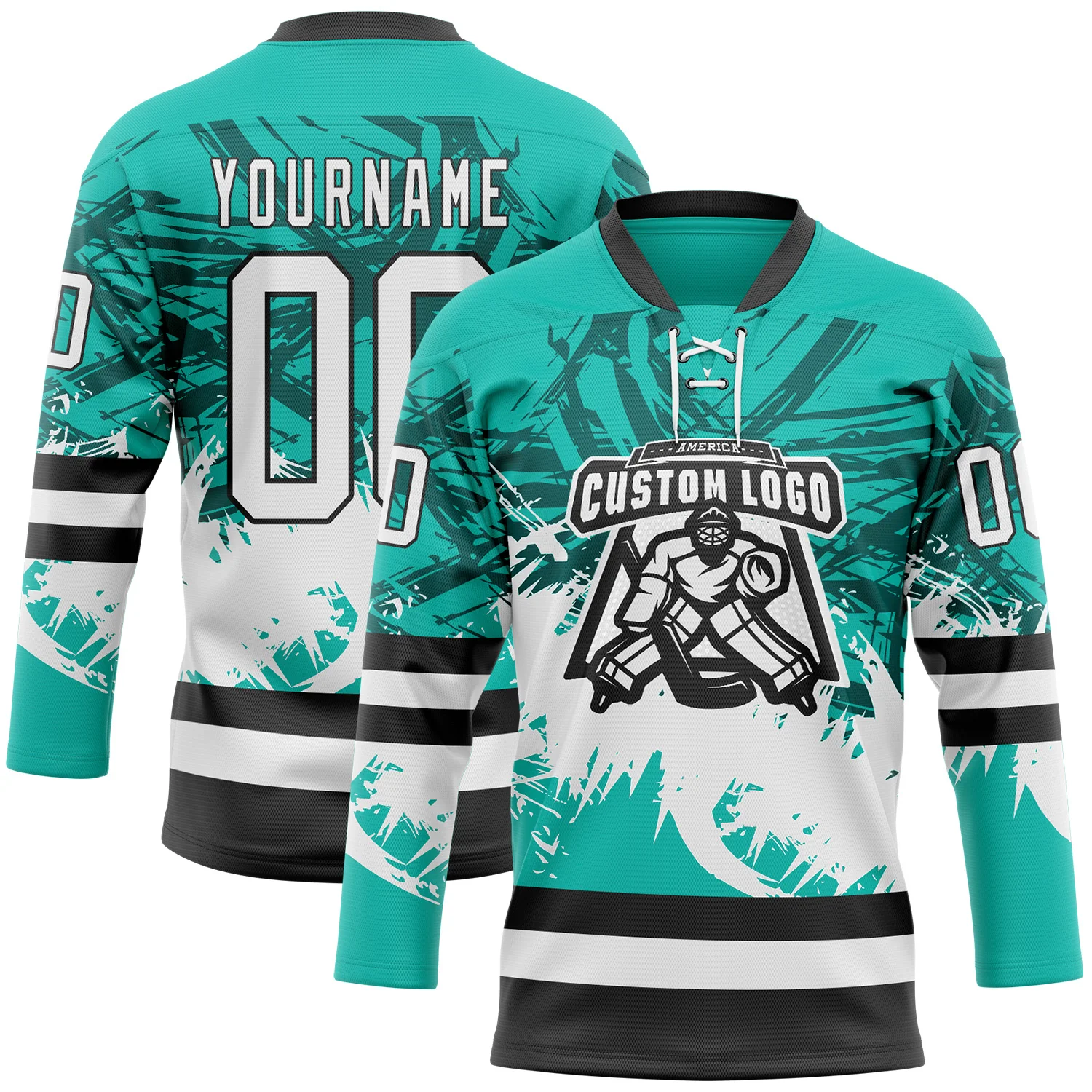 Custom Aqua White-Black 3D Pattern Abstract Splatter Paint Hockey Lace Neck Jersey