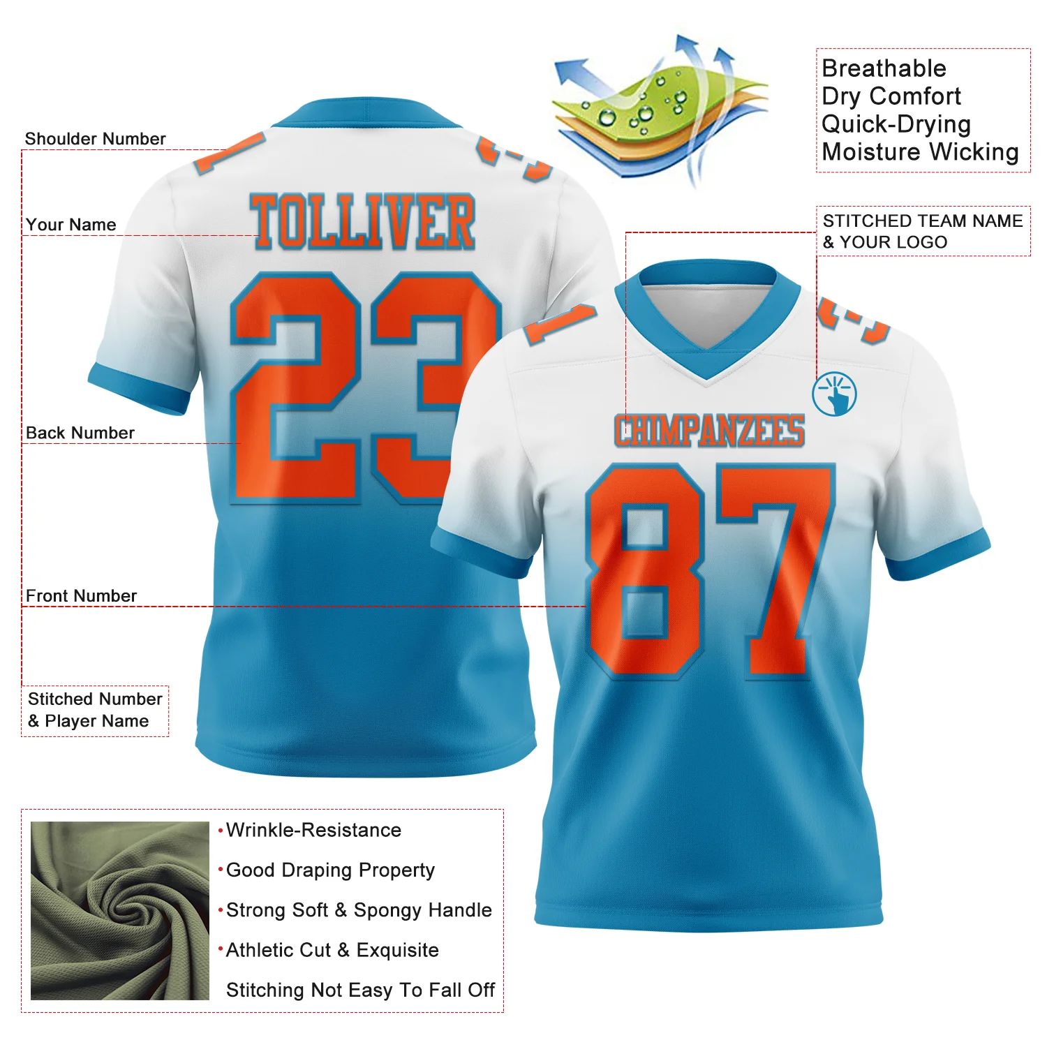 Custom White Orange-Panther Blue Authentic Fade Fashion Football Jersey