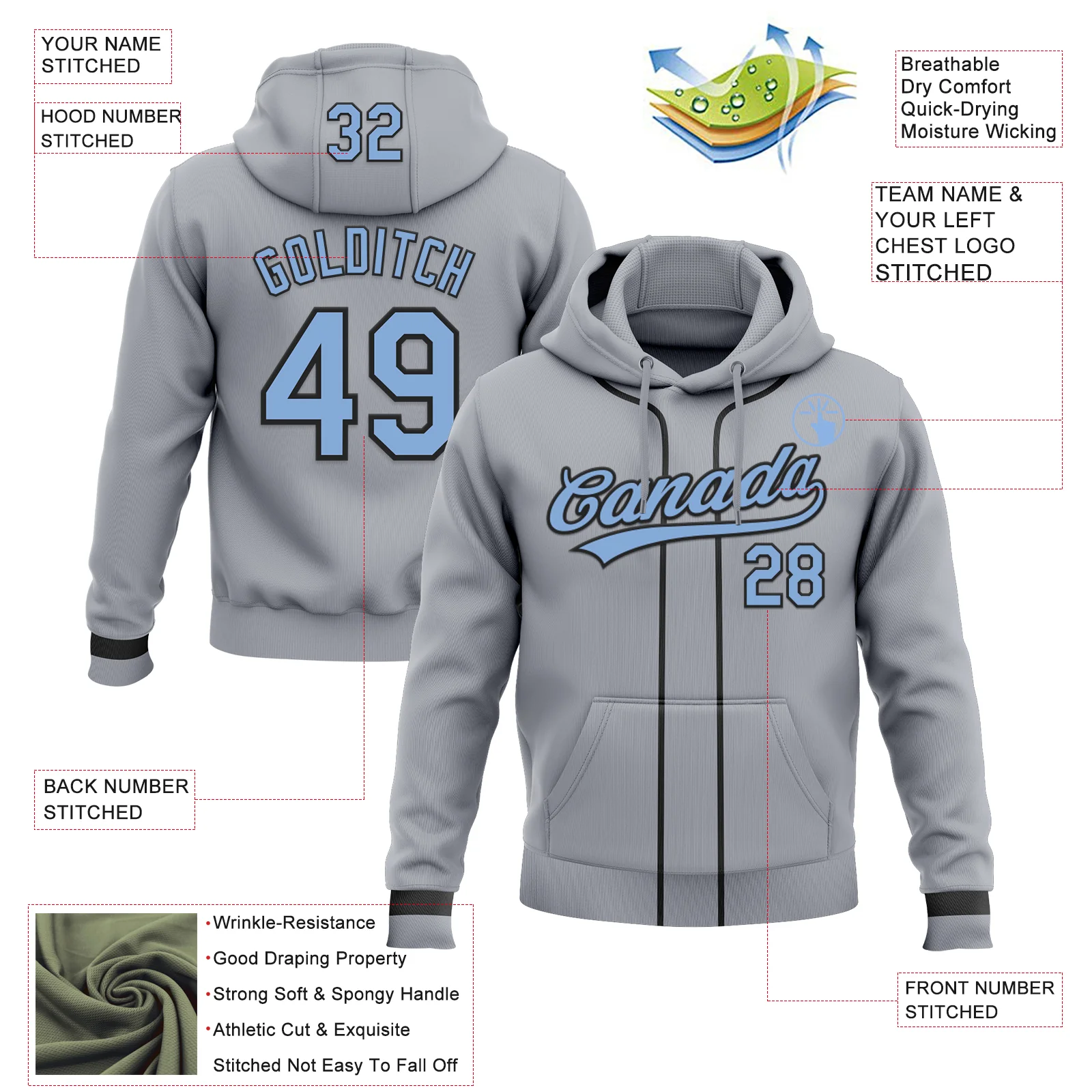 Custom Stitched Gray Light Blue-Black Baseball Pullover Sweatshirt Hoodie