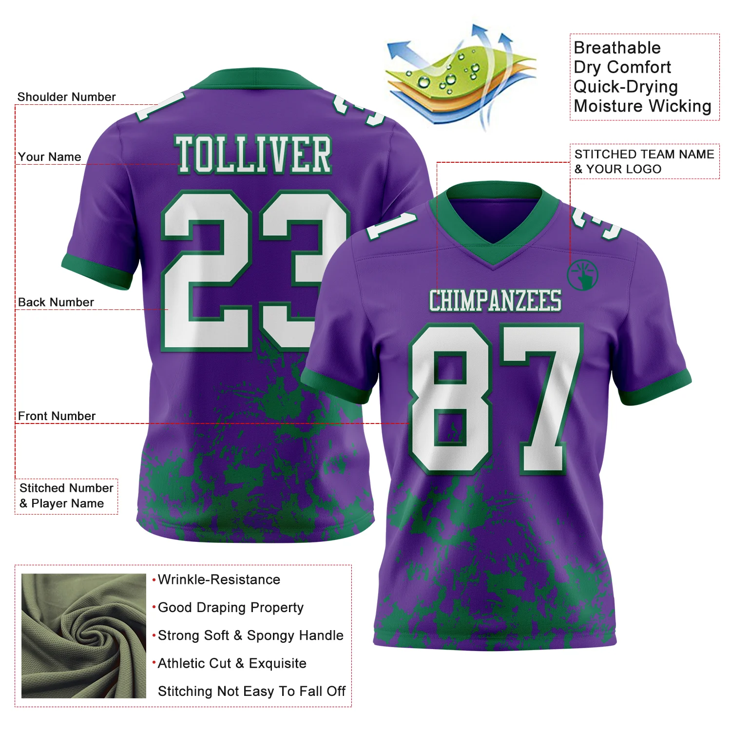 Custom Purple White-Kelly Green 3D Pattern Splash Authentic Football Jersey