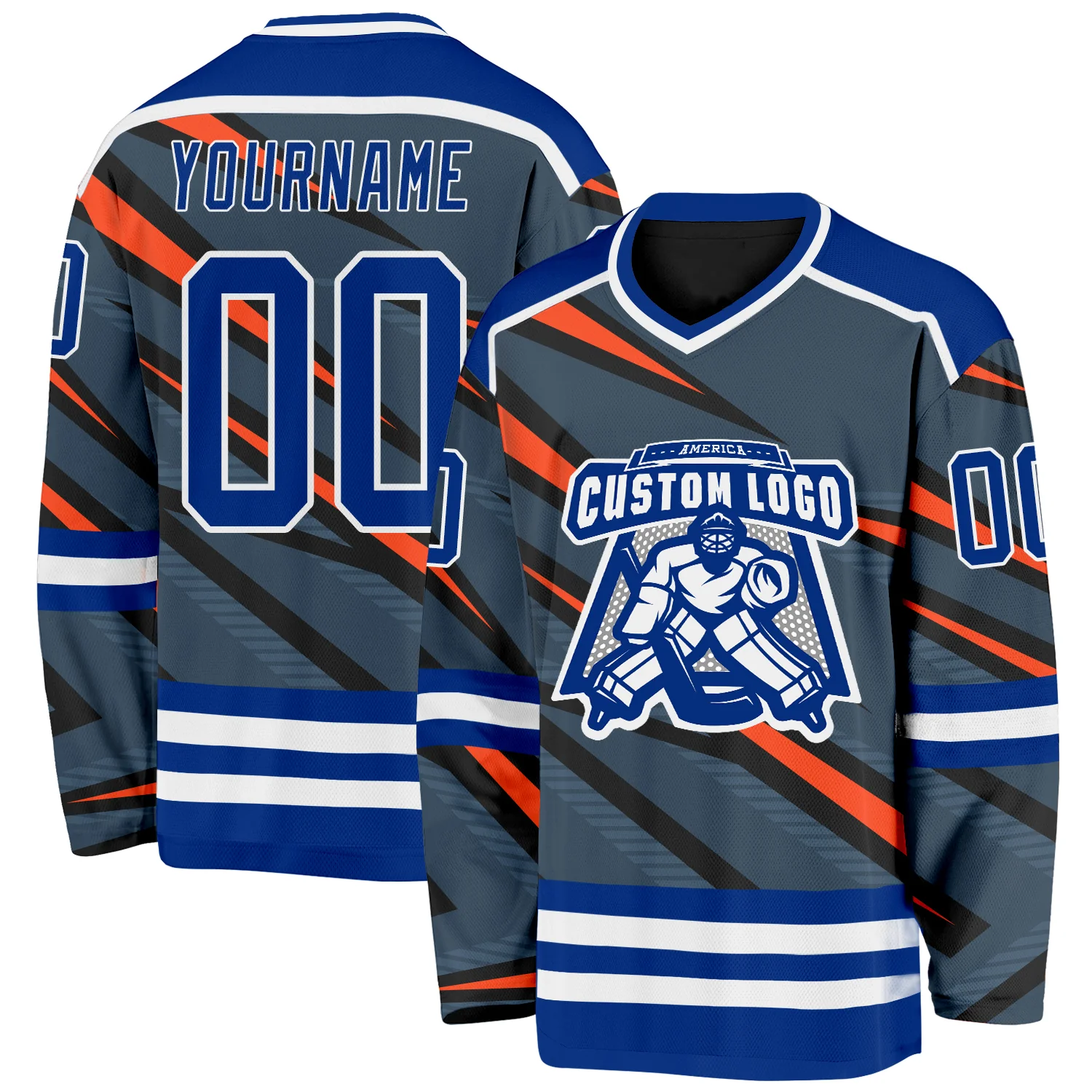 Custom Gray Royal Orange Black-White 3D Pattern Cyber Mecha E-sport Hockey Jersey
