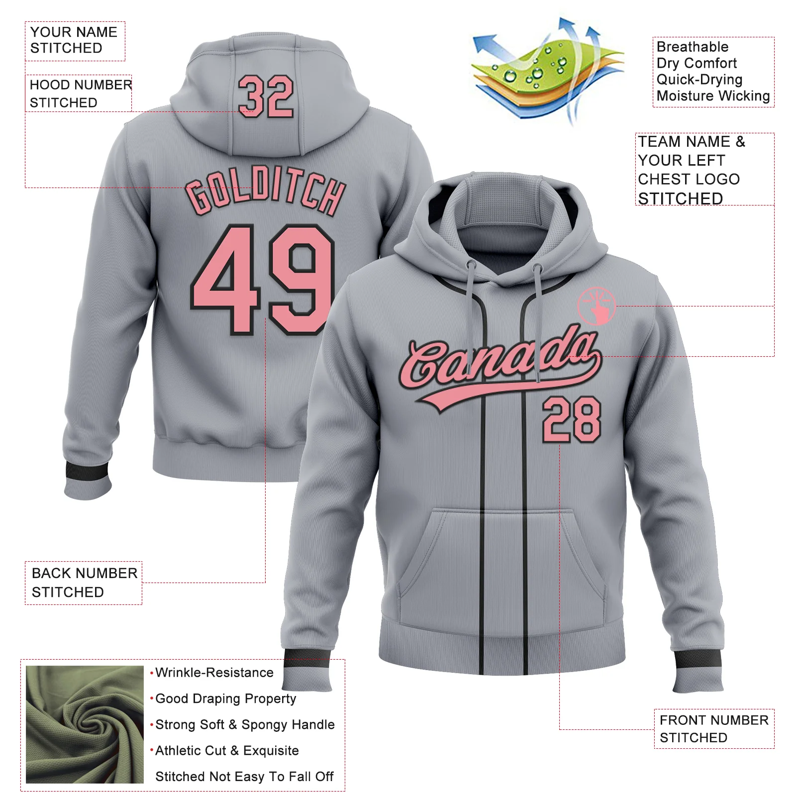Custom Stitched Gray Medium Pink-Black Baseball Pullover Sweatshirt Hoodie