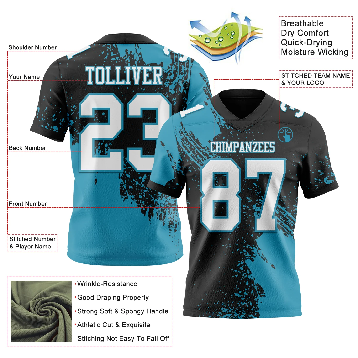 Custom Black White-Panther Blue 3D Pattern Abstract Brush Stroke Authentic Football Jersey