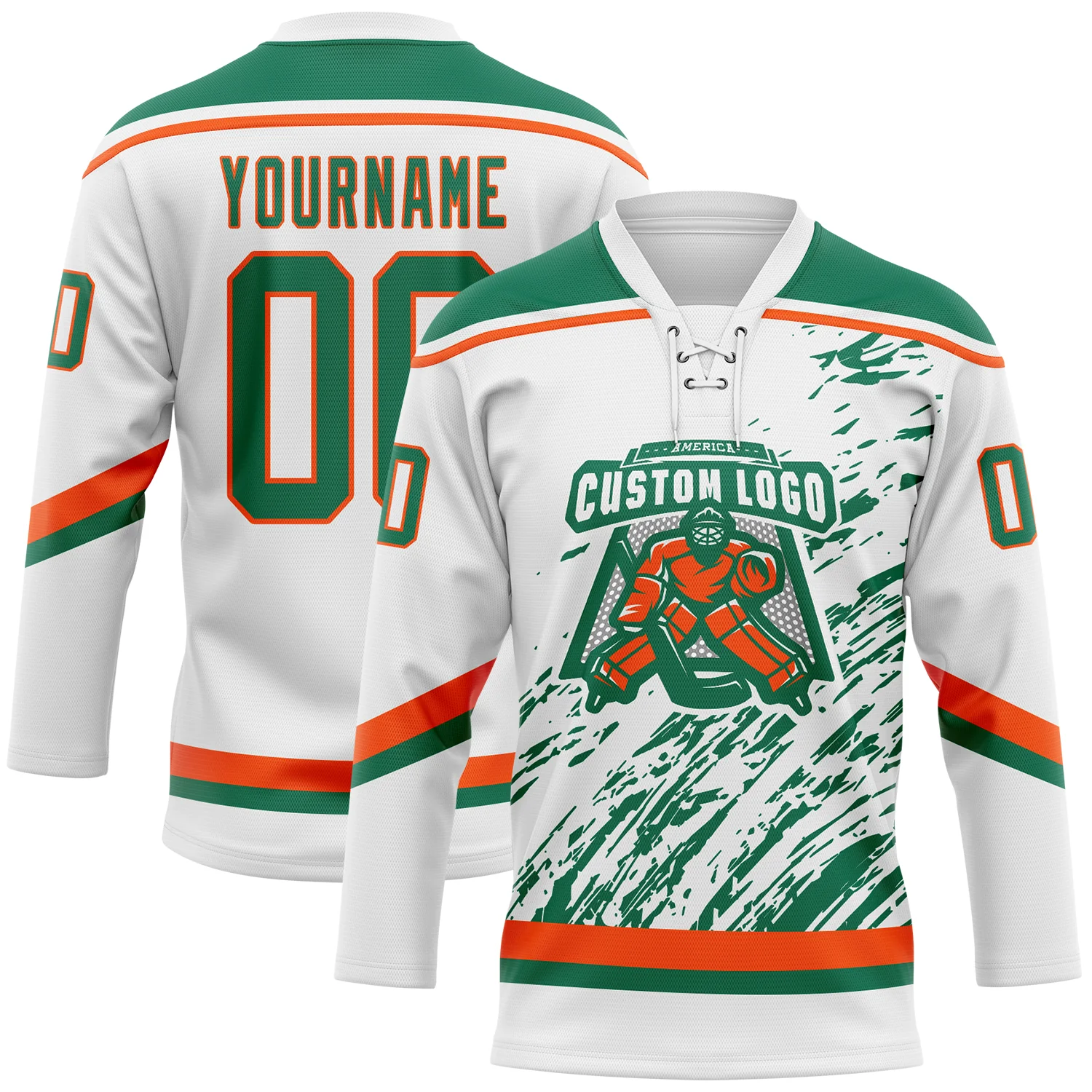 Custom White Kelly Green-Orange 3D Splash Art Hockey Lace Neck Jersey