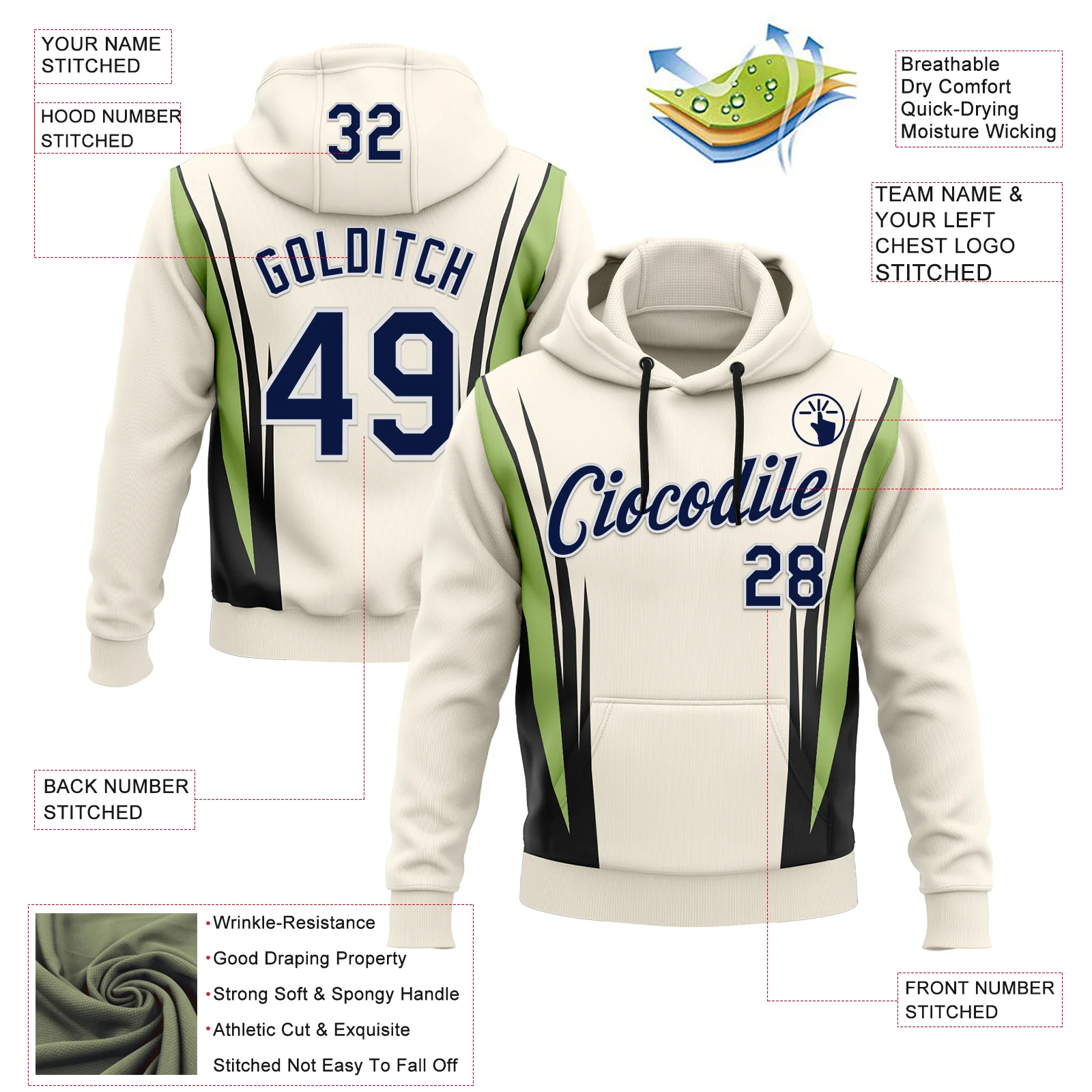 Custom Stitched Cream Navy Black Green-White 3D Pattern Design Sportswear Pullover Sweatshirt Hoodie