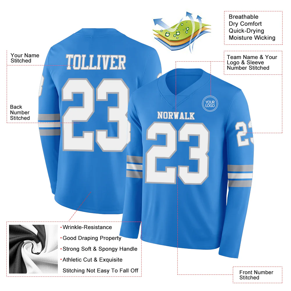 Custom Powder Blue White-Gray Long Sleeve Authentic Football Jersey