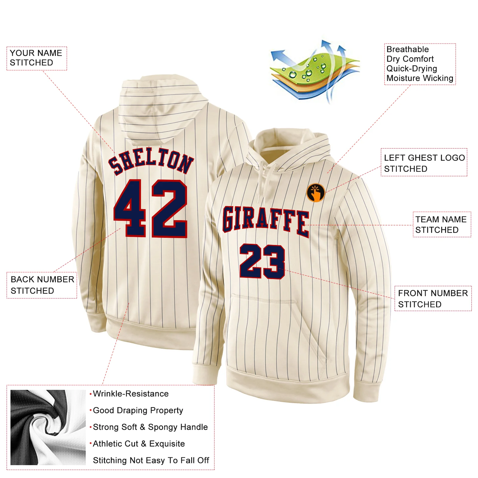 Custom Stitched Cream Navy Pinstripe Navy-Red Sports Pullover Sweatshirt Hoodie