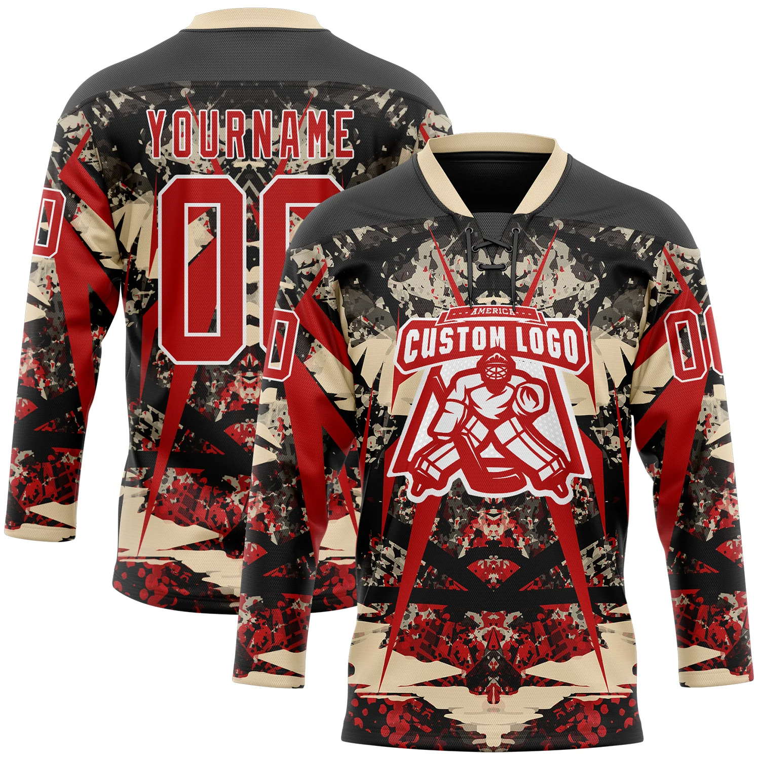 Custom Black Red City Cream-White 3D Pattern Abstract Grunge Hockey Lace Neck Jersey