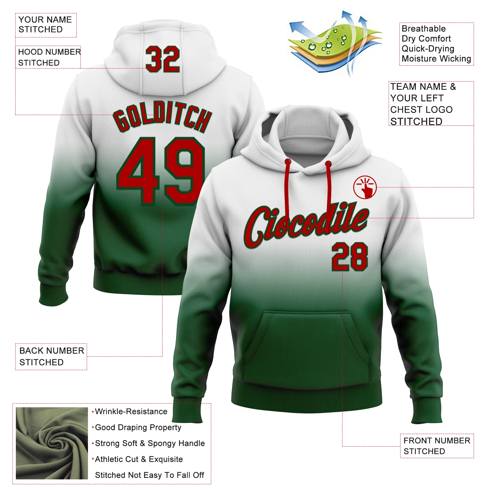 Custom Stitched White Red-Green Fade Fashion Sports Pullover Sweatshirt Hoodie