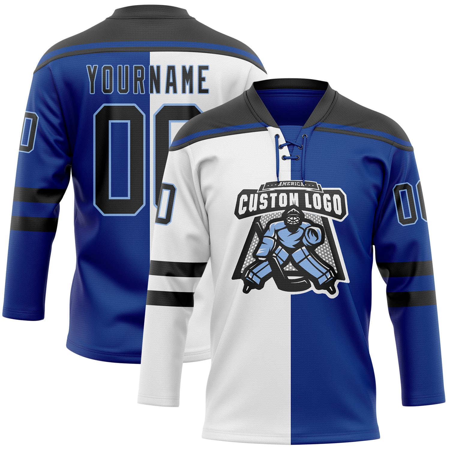 Custom Royal Black White-Light Blue Split Fashion Hockey Lace Neck Jersey