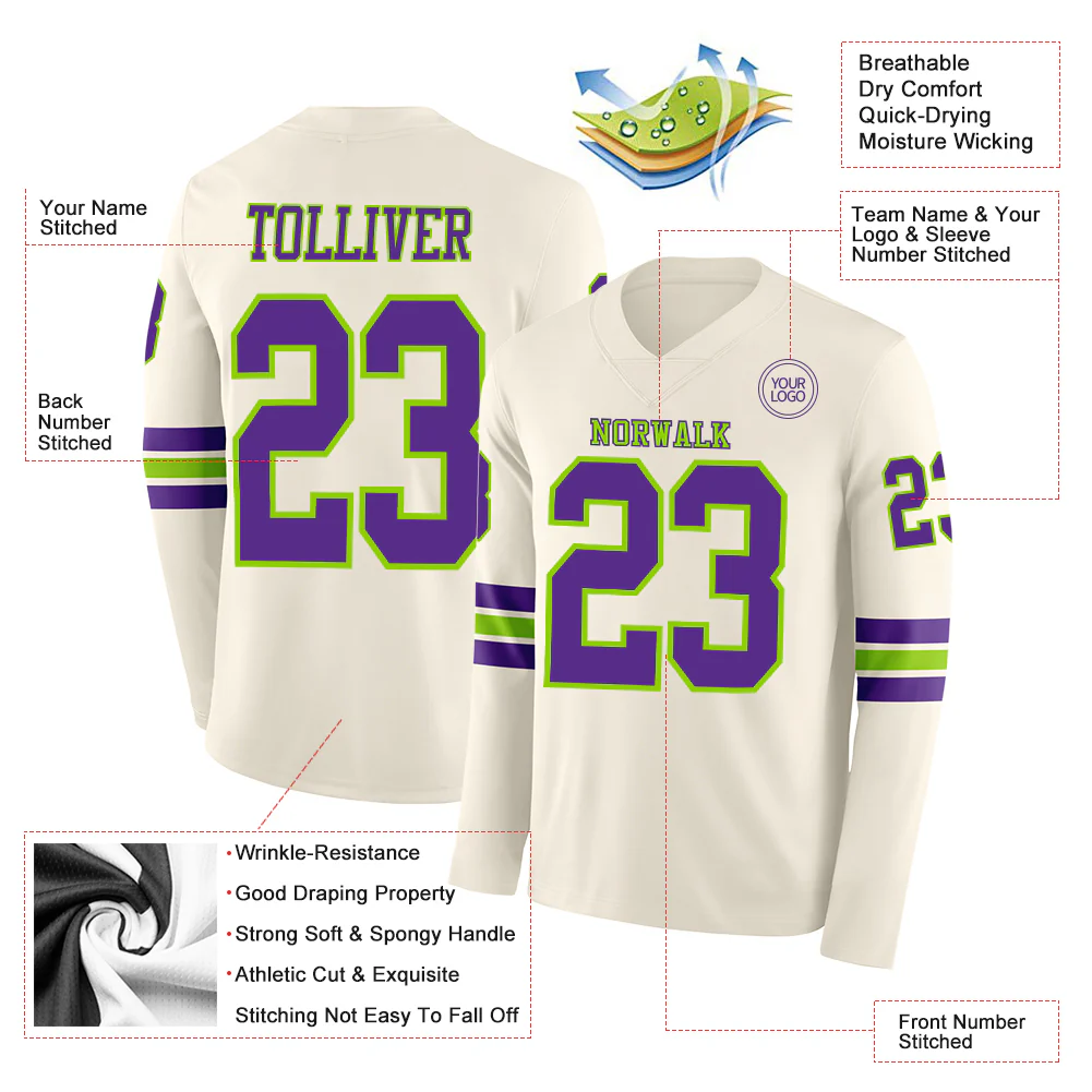 Custom Cream Purple-Neon Green Long Sleeve Authentic Football Jersey