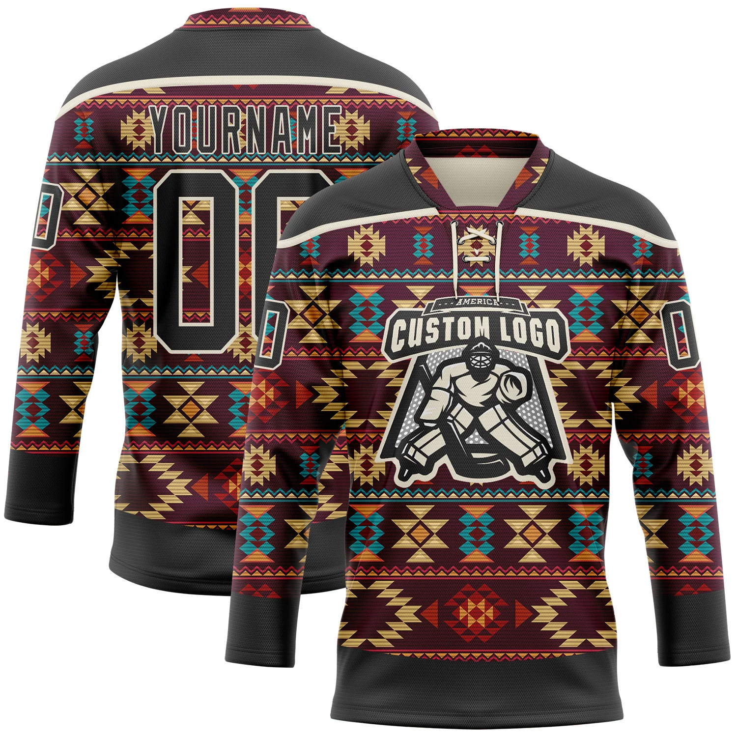 Custom Black Cream 3D Pattern Native Americans Tribal Indigenous People Hockey Lace Neck Jersey