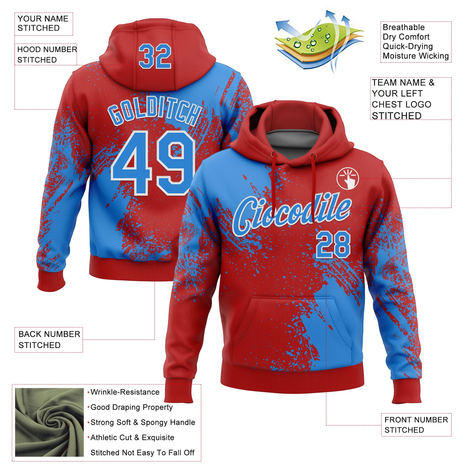 Custom Stitched Red Powder Blue-White 3D Pattern Design Abstract Brush Stroke Sports Pullover Sweatshirt Hoodie