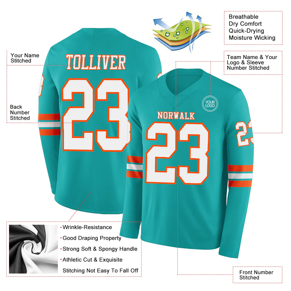 Custom Aqua White-Orange Long Sleeve Authentic Football Jersey