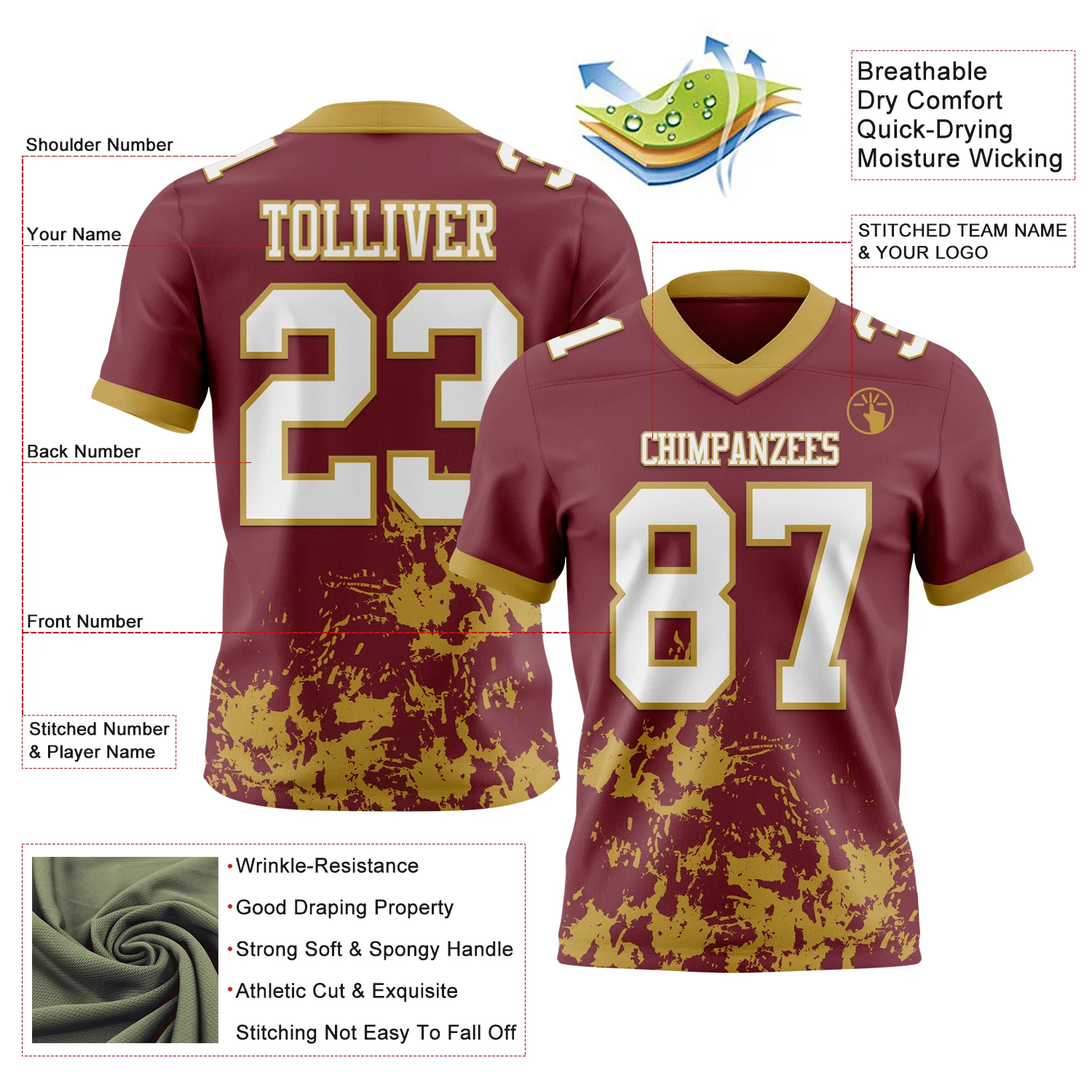 Custom Burgundy White-Old Gold 3D Pattern Splash Authentic Football Jersey
