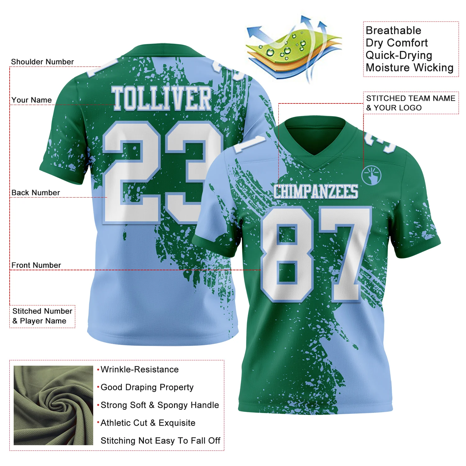 Custom Kelly Green White-Light Blue 3D Pattern Abstract Brush Stroke Authentic Football Jersey