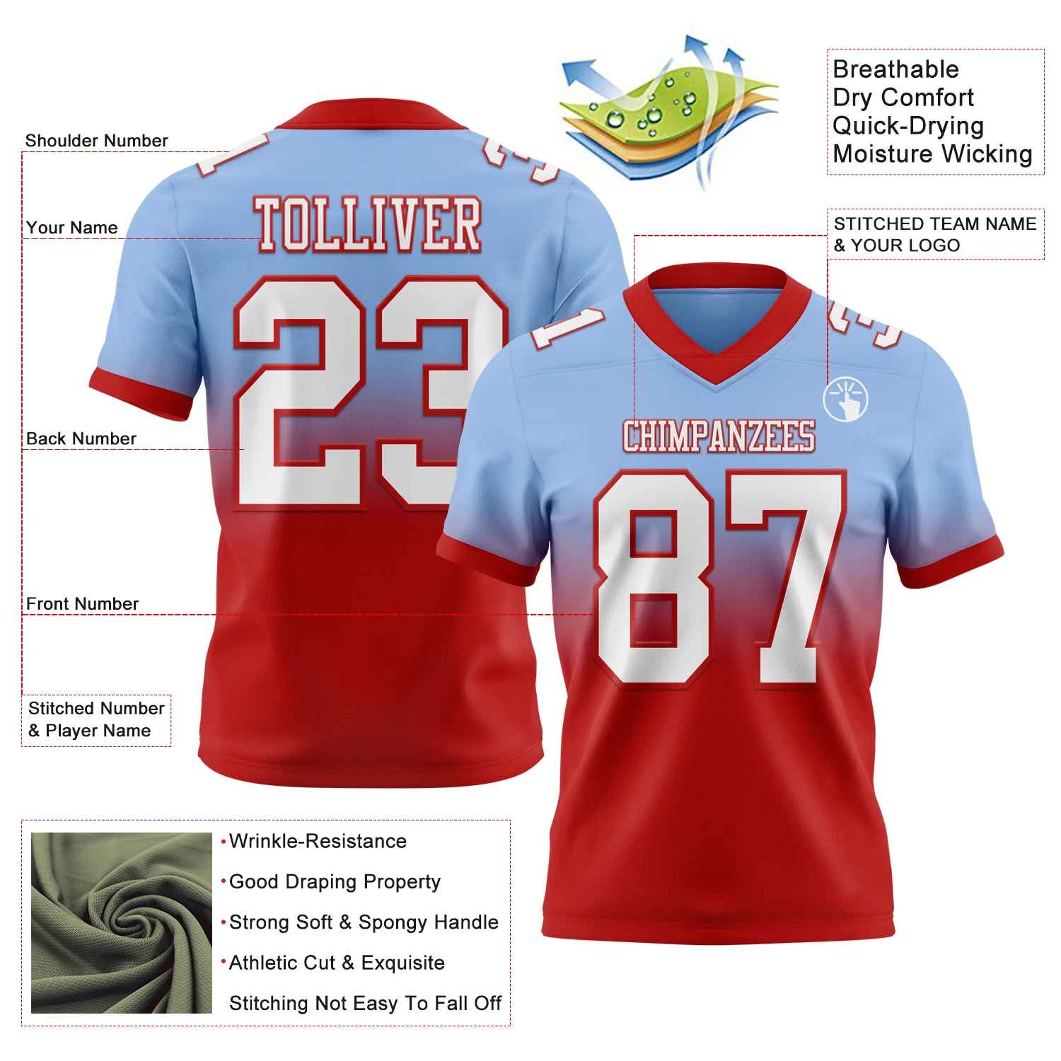 Custom Light Blue White-Red Authentic Fade Fashion Football Jersey