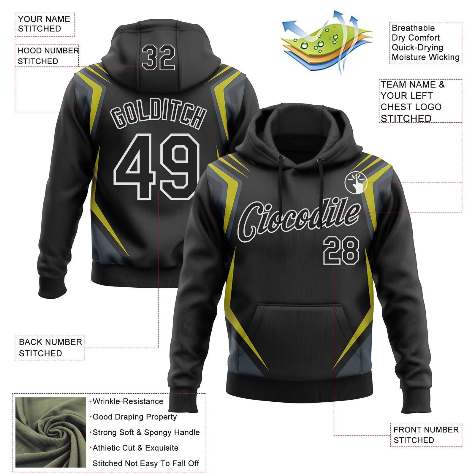 Custom Stitched Black Yellow-White 3D Pattern Design Sportswear Pullover Sweatshirt Hoodie