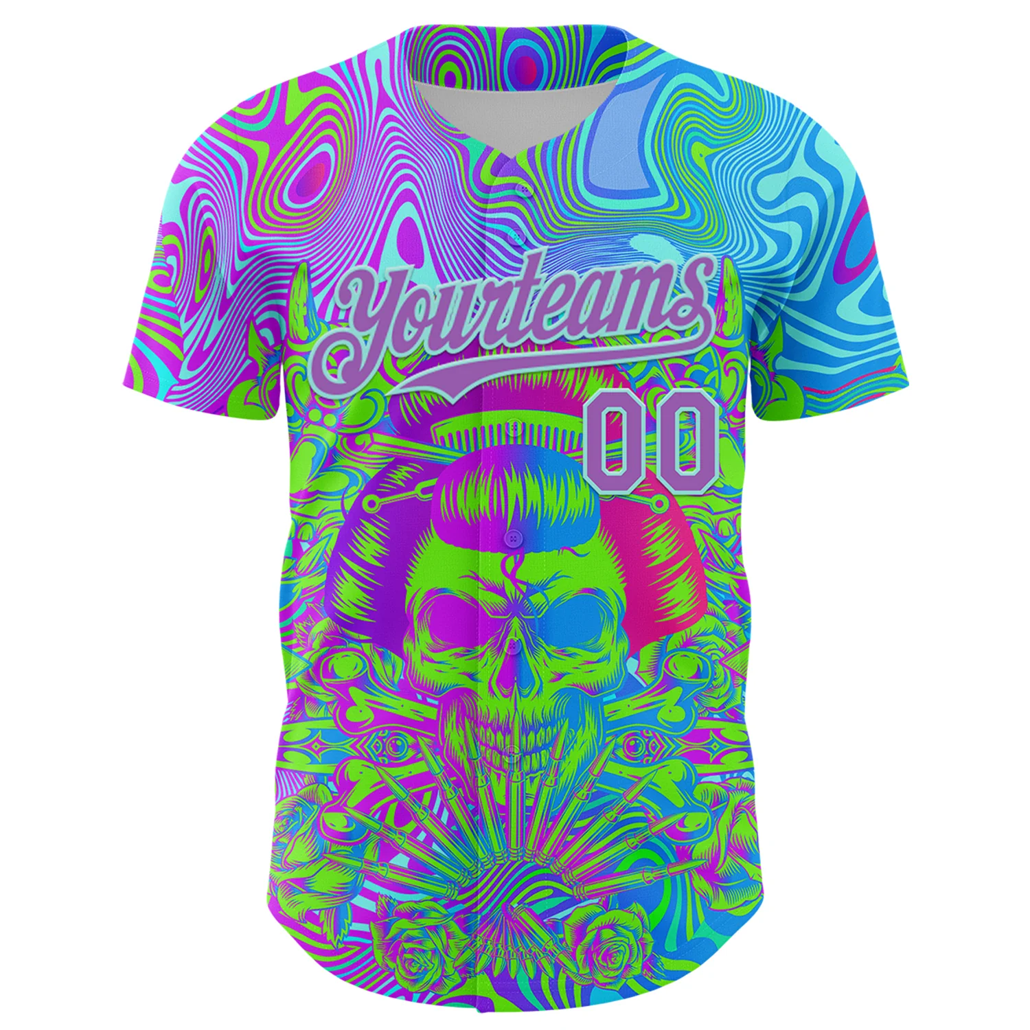 Custom Blue Medium Purple-Ice Blue 3D Pattern Design Trippy Magic Mushrooms Skull Authentic Baseball Jersey