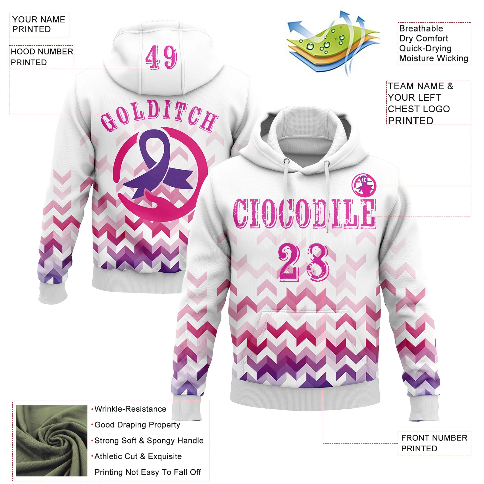 Custom White Deep Pink-Purple 3D Pink Ribbon Breast Cancer Awareness Women Health Care Support Sports Pullover Sweatshirt Hoodie