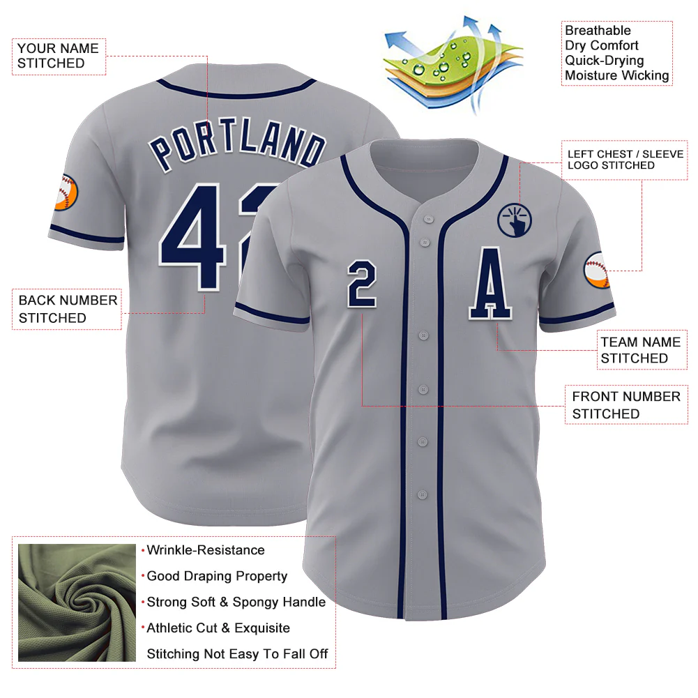 Custom Gray Navy-White Authentic Baseball Jersey